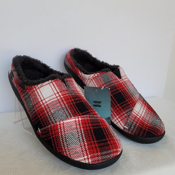 TOMS Mens Berkeley Faux Fur Lined Slip-On Slippers-Red Plaid- Men's Size 12 - Picture 2 of 15